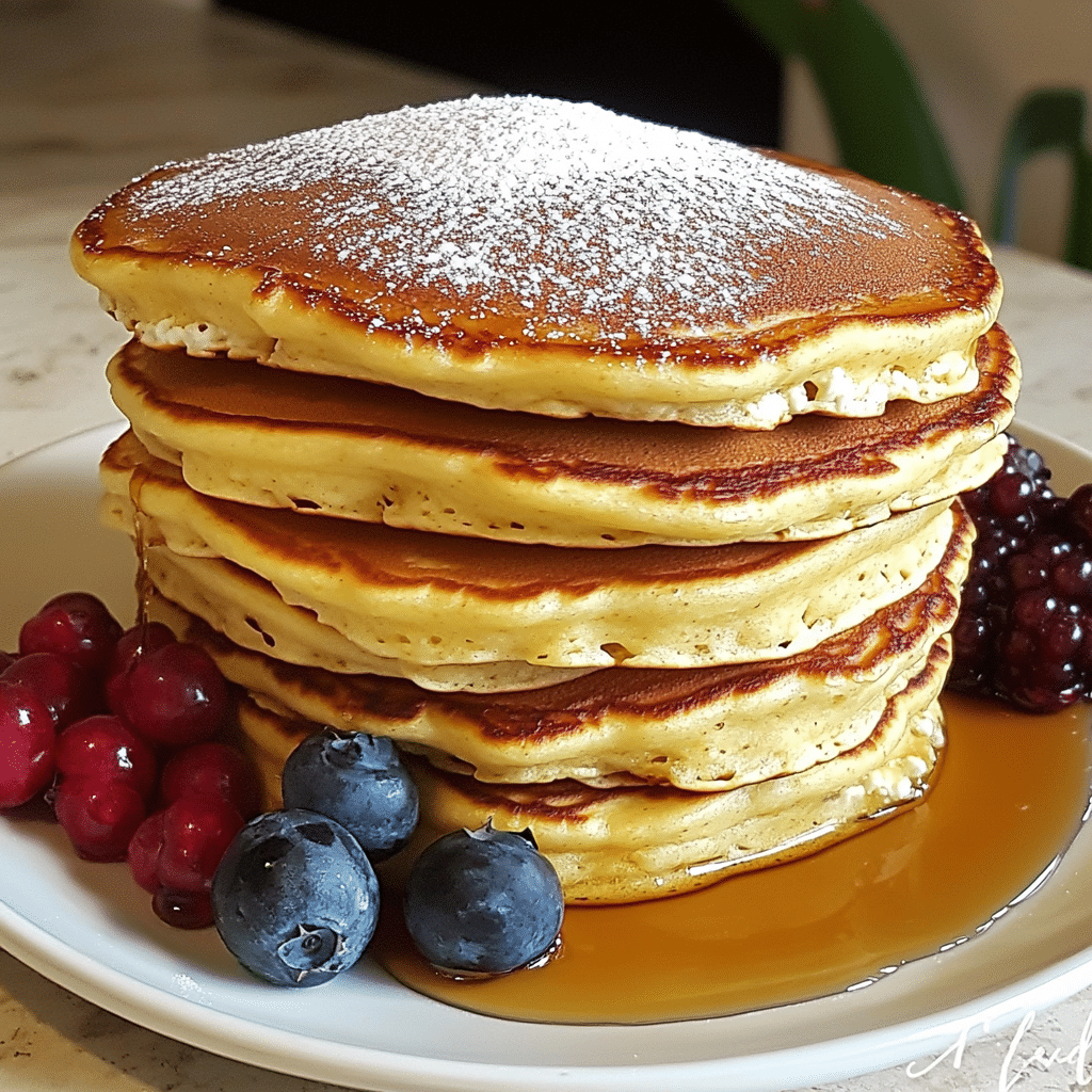stack of lemon ricotta pancakes with powdered sugar berries and maple syrup