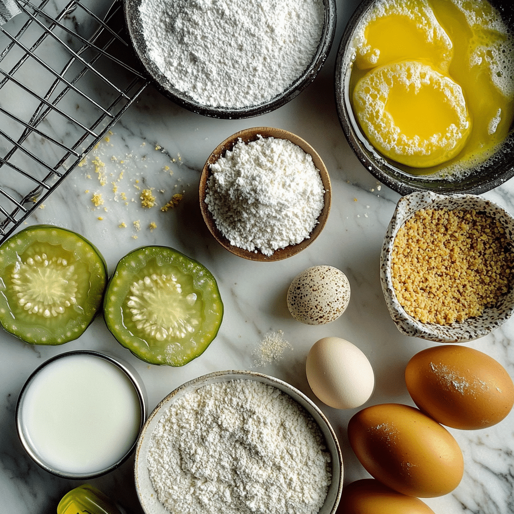 ingredients for fried green tomatoes including green tomatoes flour cornmeal eggs and spices
