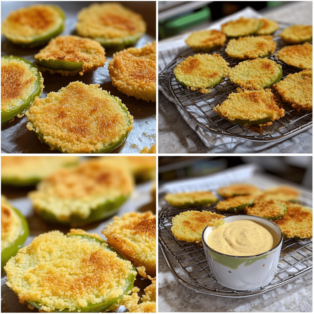 four panel collage showing how to make fried green tomatoes