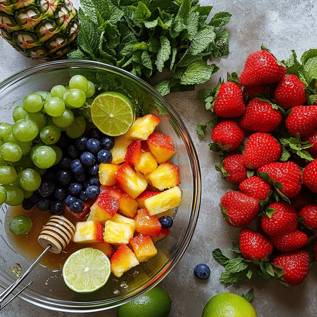 ingredients for fruit salad including strawberries blueberries grapes kiwi pineapple honey limes and mint