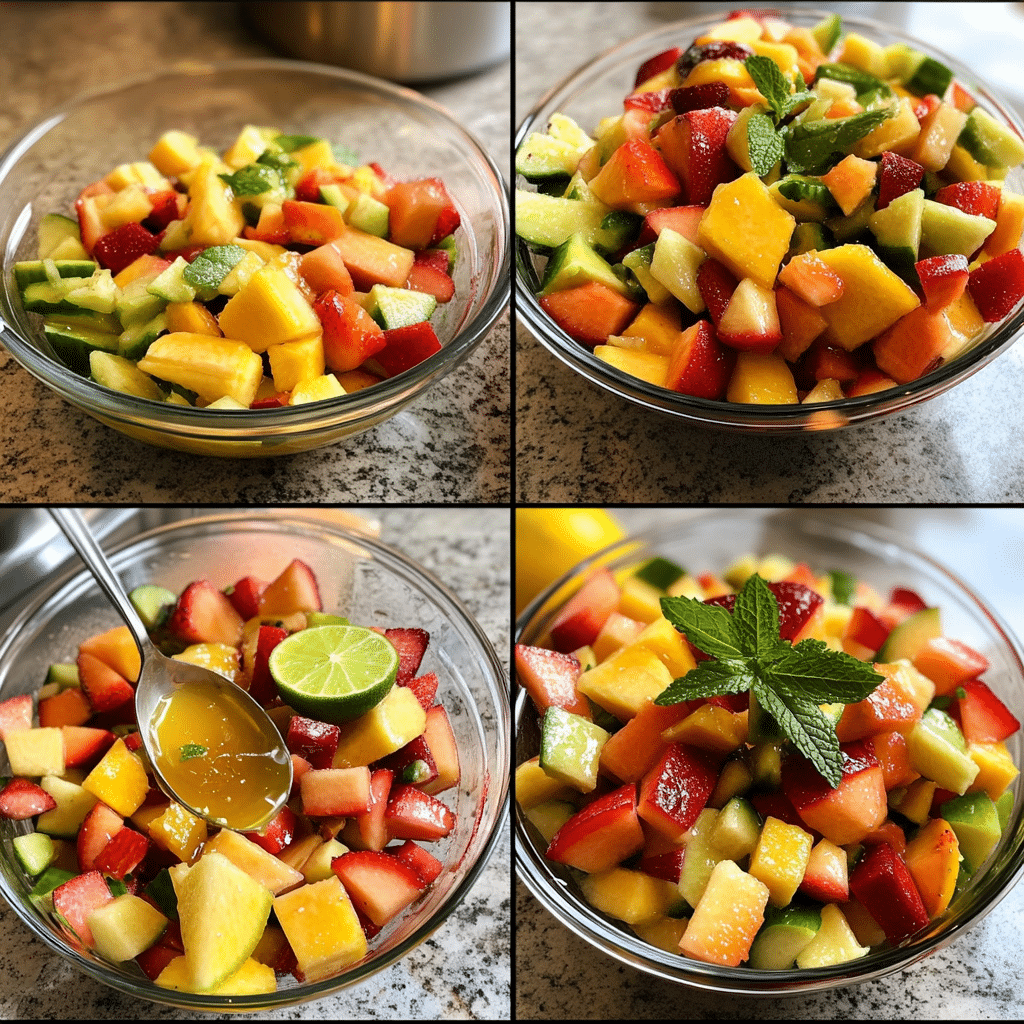 four panel collage showing steps to make fruit salad with honey lime dressing