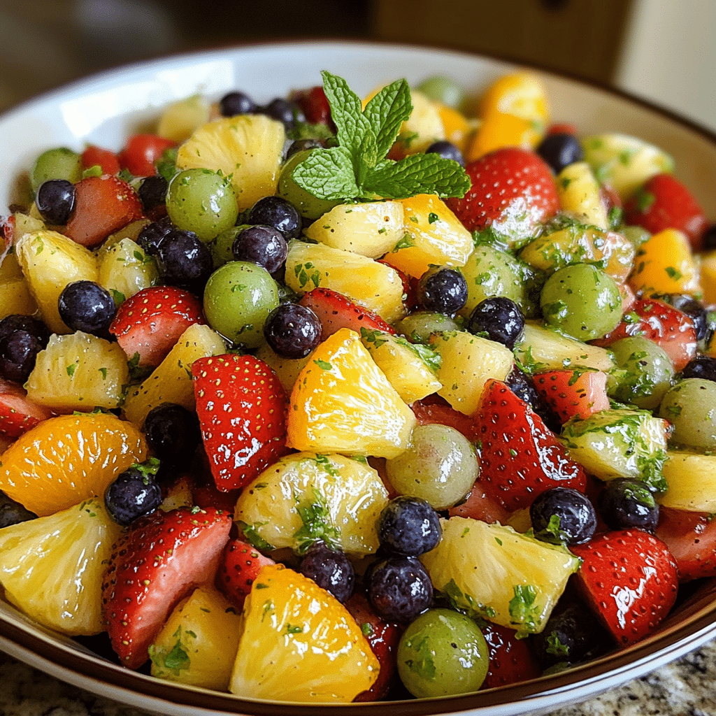 bowl of fruit salad with honey lime dressing and mint