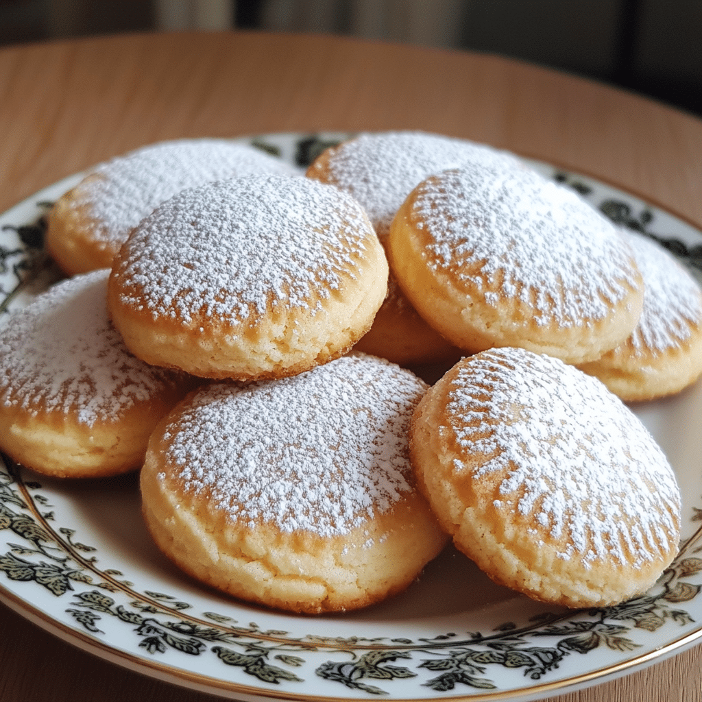 Close-up of ghraybeh butter cookies, golden and delicate with powdered sugar