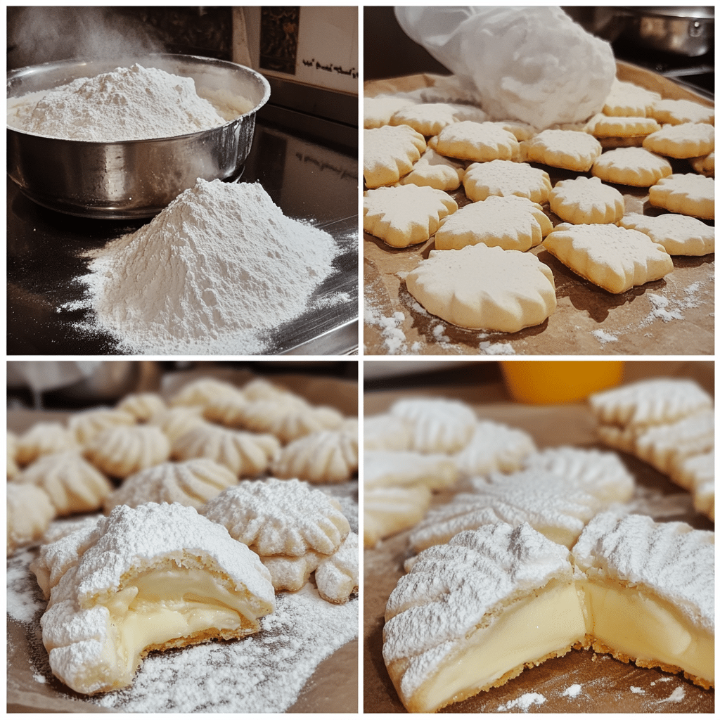 Four-panel collage showing the process of making ghraybeh butter cookies