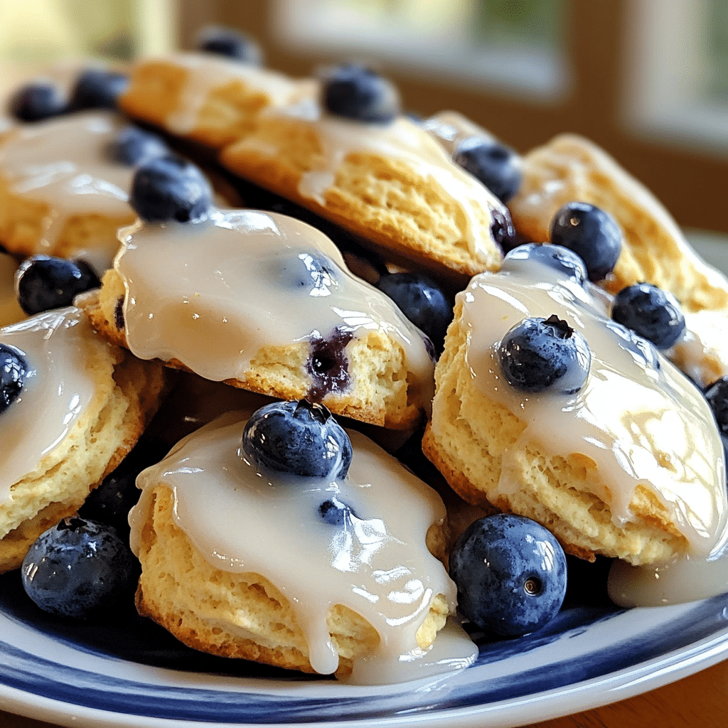 Close-up of lemon blueberry scones, glazed and topped with blueberries
