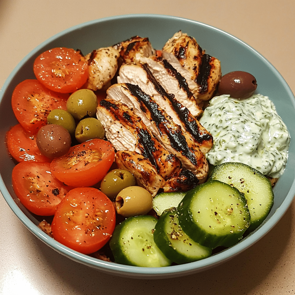 Greek chicken bowl with grilled chicken, vegetables, and tzatziki sauce