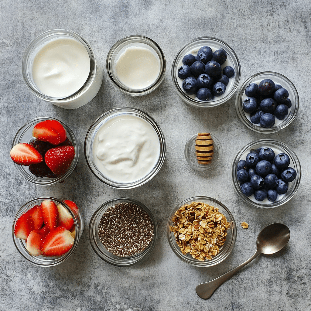 ingredients for greek yogurt parfaits including greek yogurt honey vanilla berries and granola