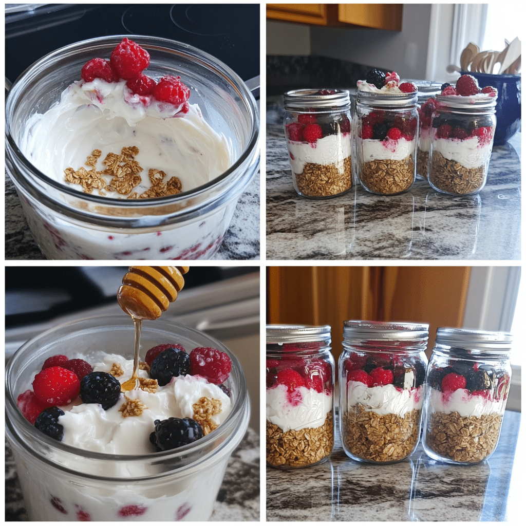 four panel collage showing steps to make greek yogurt parfaits