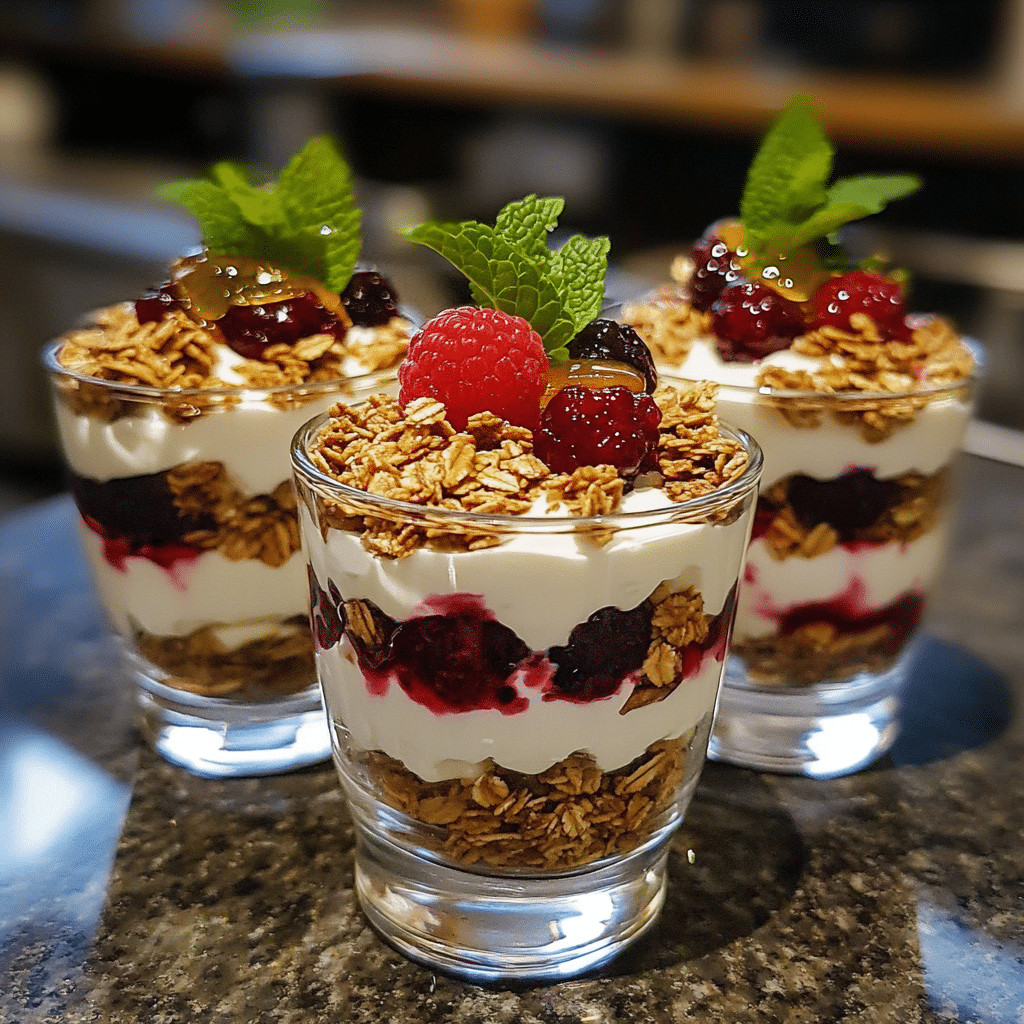 greek yogurt parfaits in glasses with berries granola and honey drizzle