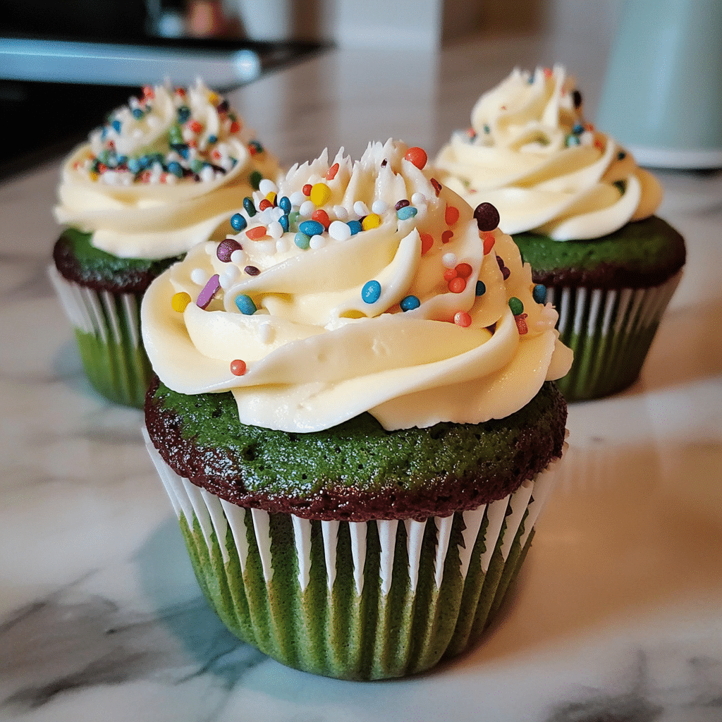 Green velvet cupcakes with cream cheese frosting and sprinkles
