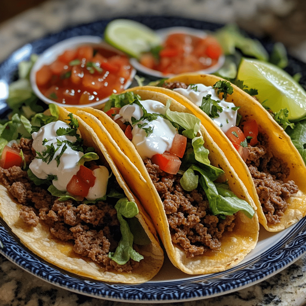 Ground beef tacos topped with cheese, lettuce, and sour cream