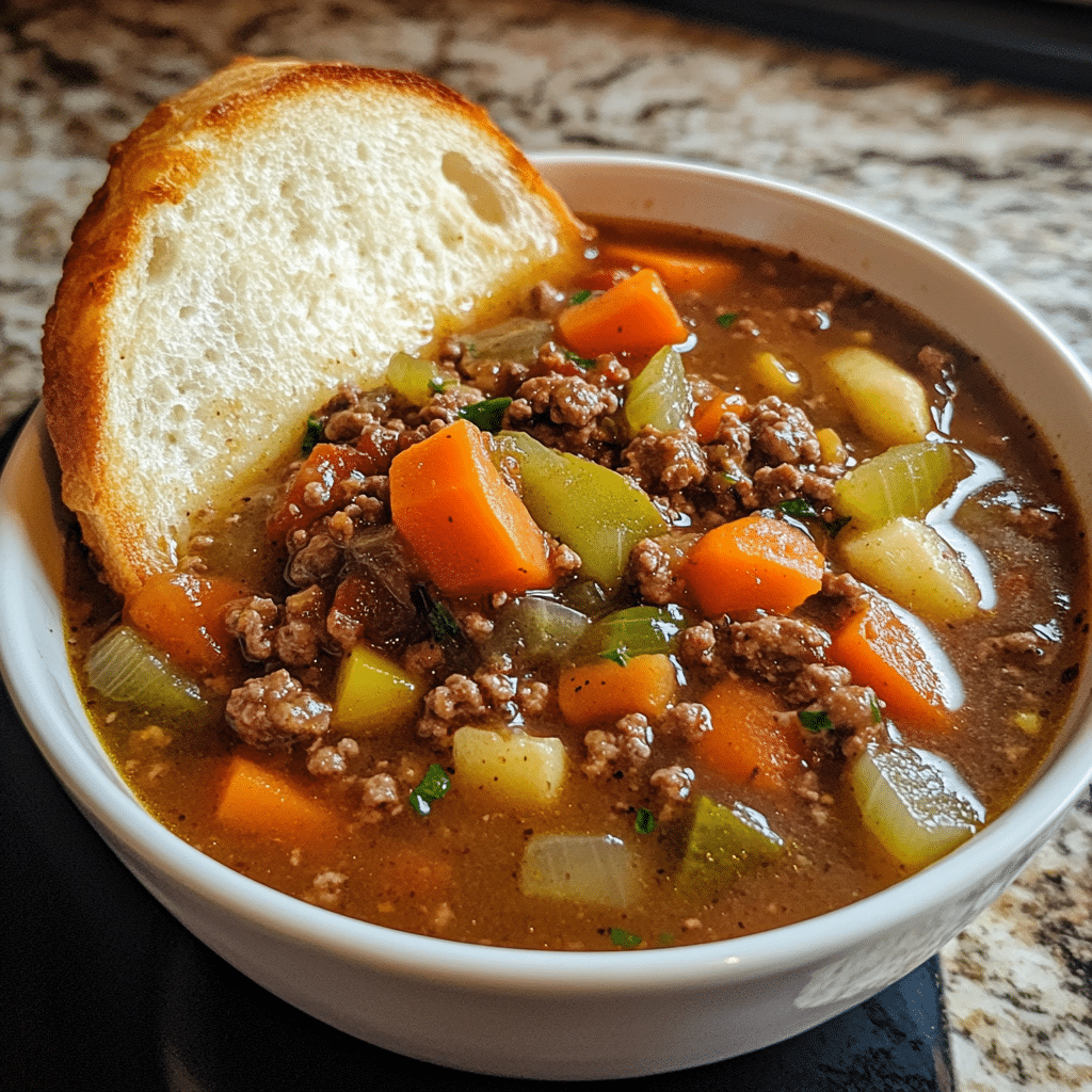 Hearty hamburger soup with ground beef and vegetables