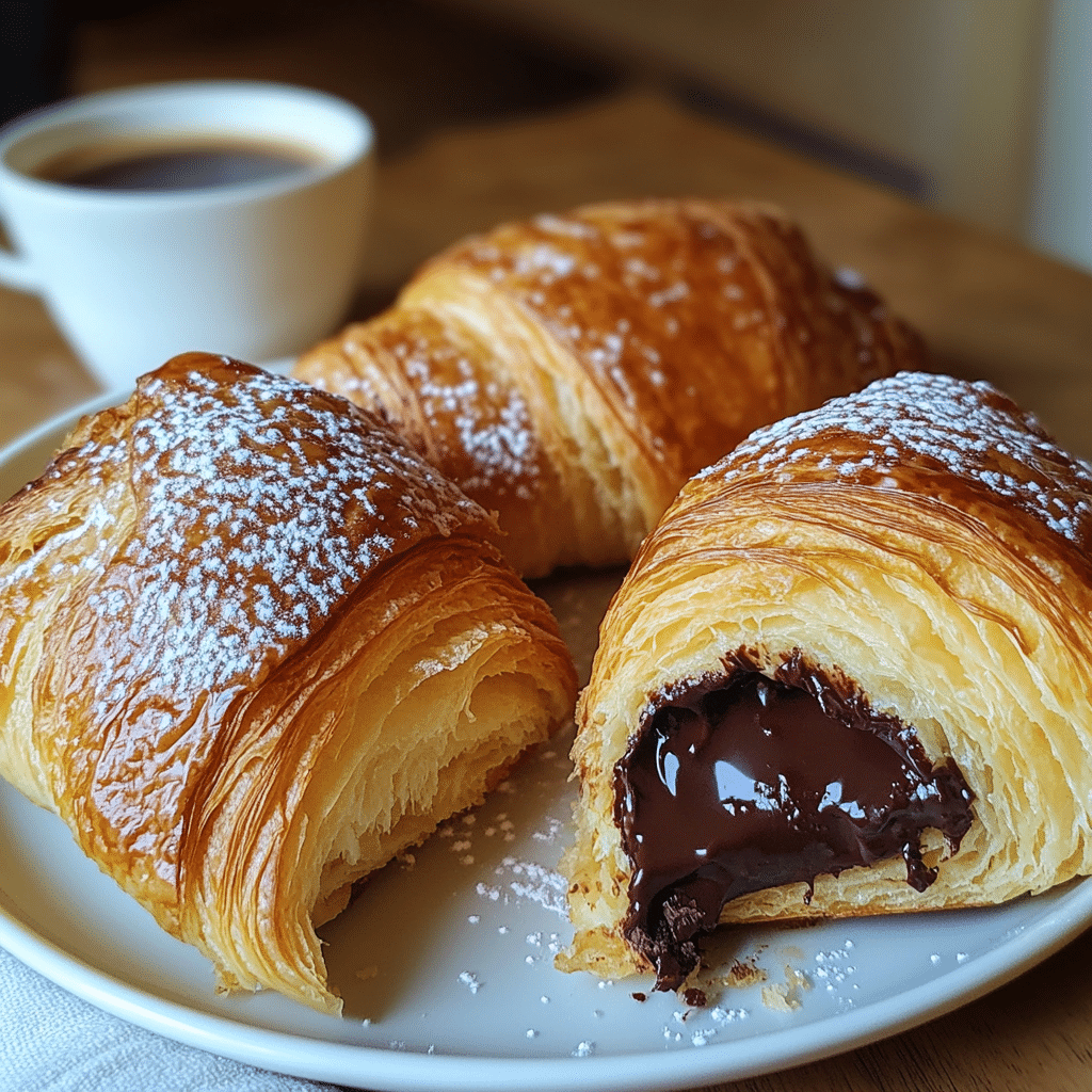 flaky chocolate croissants on a plate with melted chocolate inside