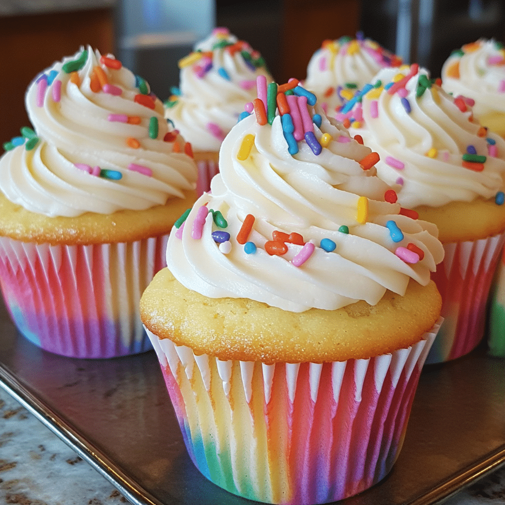 rainbow cupcakes with vanilla frosting swirls and rainbow sprinkles