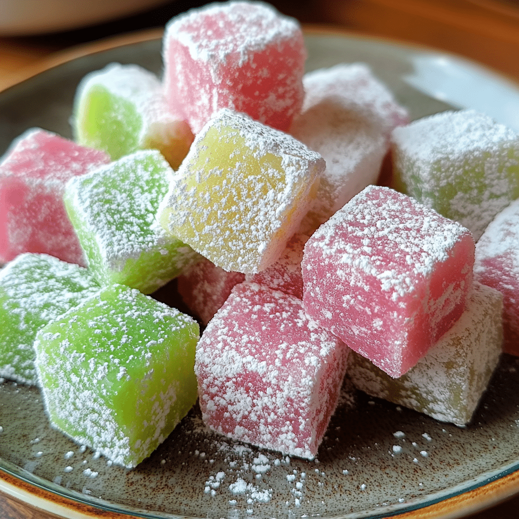 Close-up of Turkish delight, dusted with powdered sugar and served in cubes