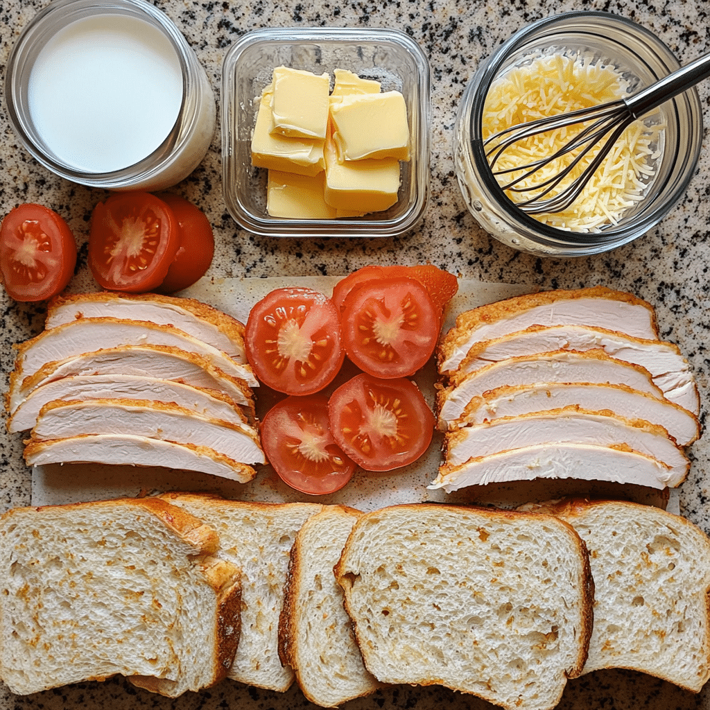 ingredients for hot brown sandwich including bread turkey tomatoes milk butter flour and cheese