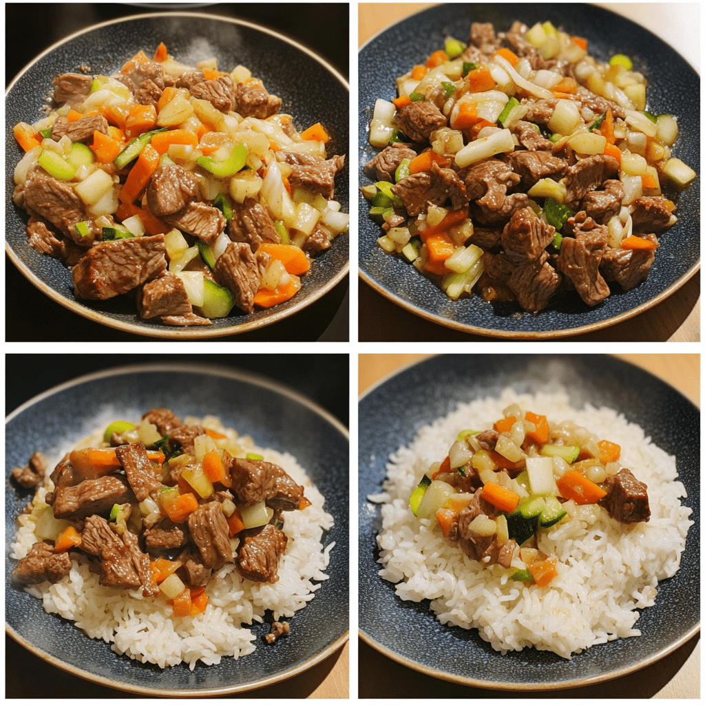 Four-panel collage showing steps to make beef stir fry, from slicing to serving