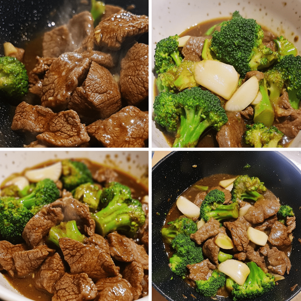 Four-panel collage showing steps to make beef and broccoli, from slicing beef to serving the finished dish