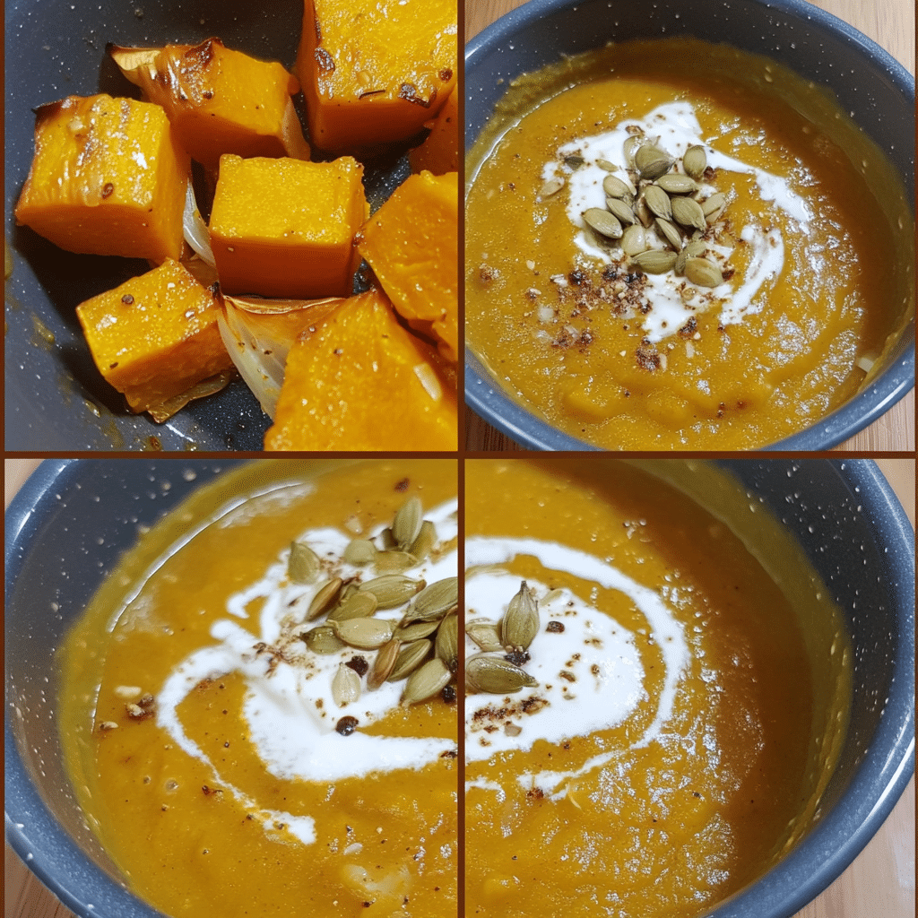 Four-panel collage showing the process of making butternut squash soup, from roasting to blending and serving