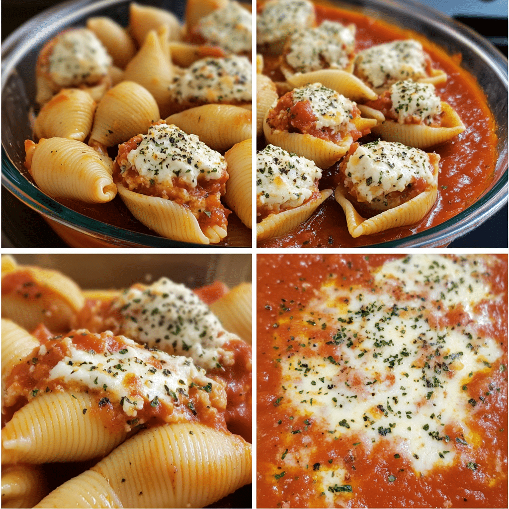 Four-panel collage showing the process of making cheese-stuffed shells, from boiling pasta to baking and serving