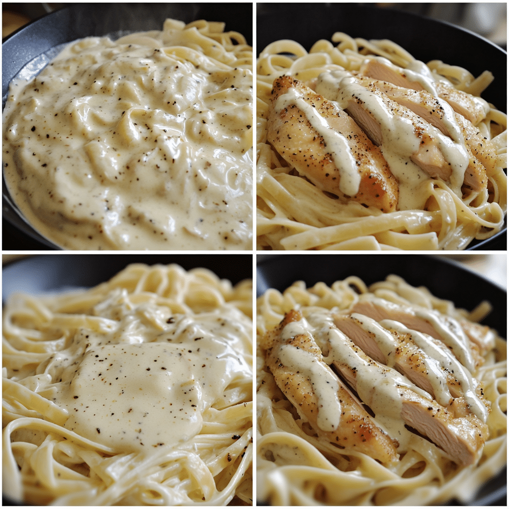 Four-panel collage showing the process of making chicken Alfredo, from cooking chicken to serving