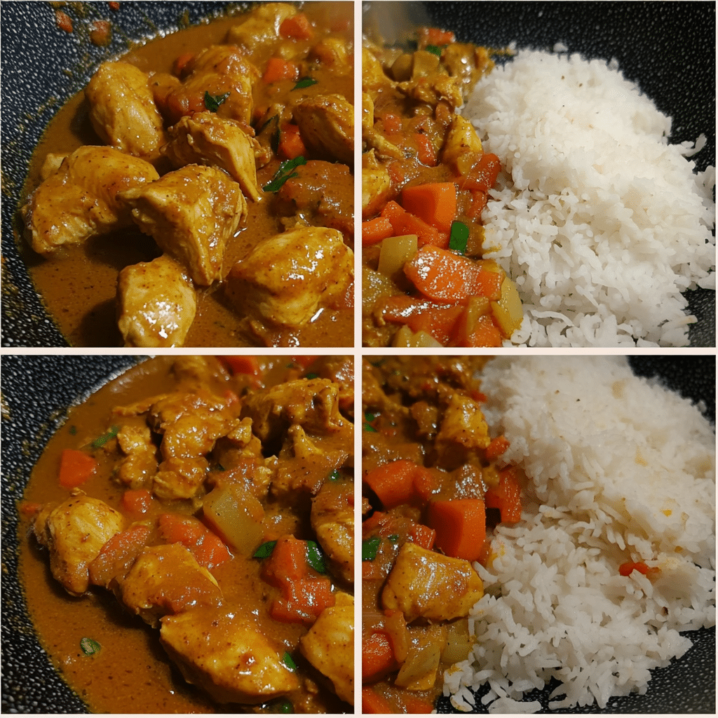 Four-panel collage showing steps to make chicken curry, from cooking chicken to serving