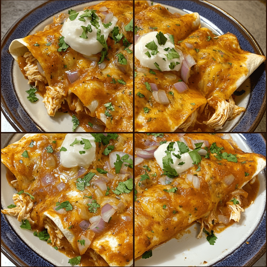 Four-panel collage showing steps to make chicken enchiladas, from cooking chicken to serving