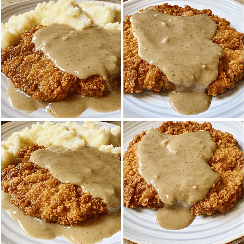 Four-panel collage showing steps to make chicken fried steak, from breading to serving