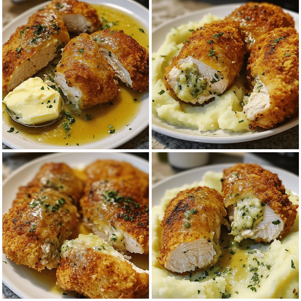 Four-panel collage showing steps to make chicken Kiev, from preparing butter to serving