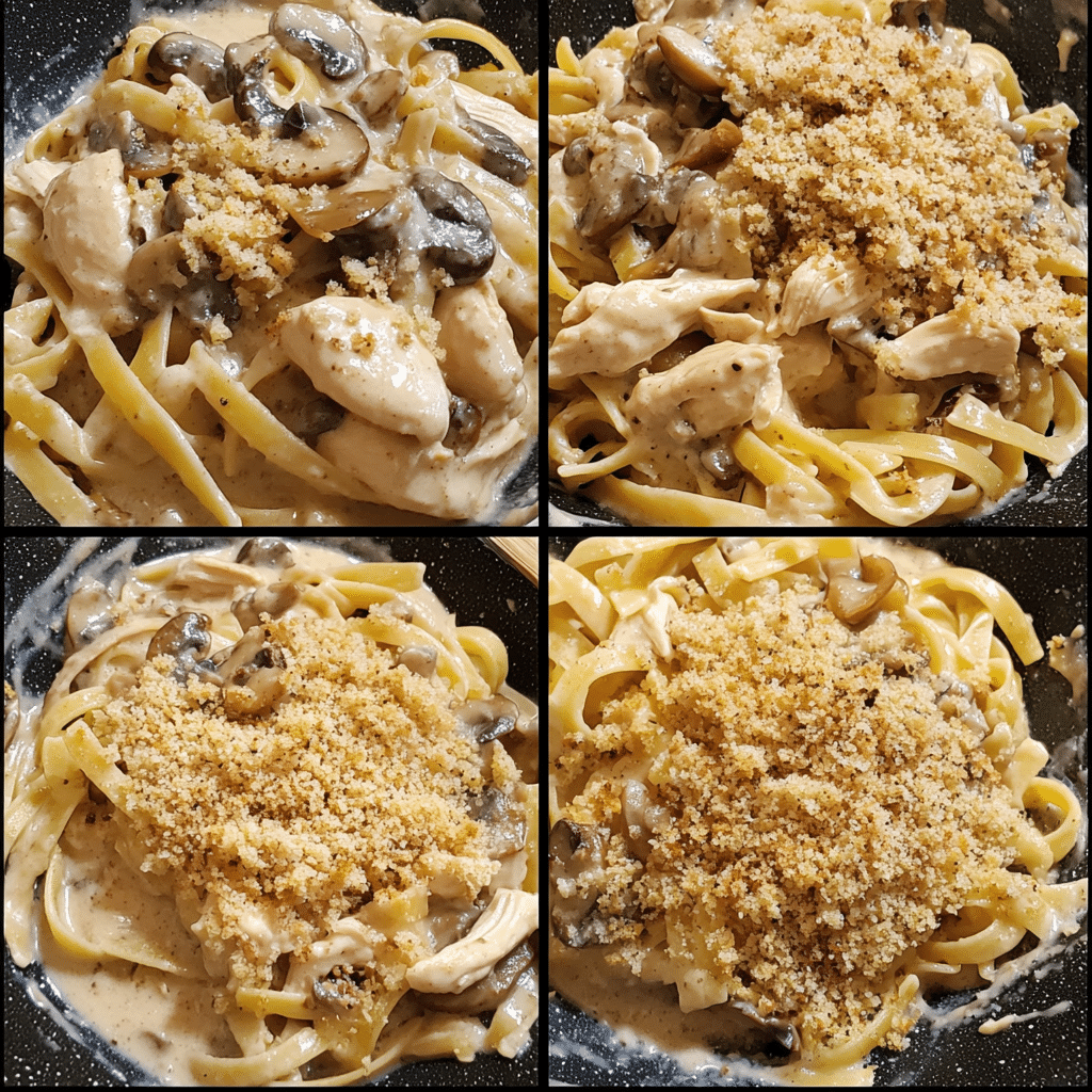 Four-panel collage showing steps for making chicken tetrazzini, from sautéing to baking