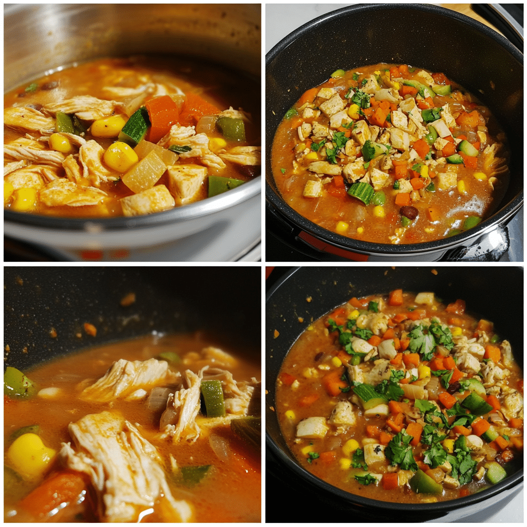 Four-panel collage showing steps to make chicken tortilla soup, from cooking chicken to serving