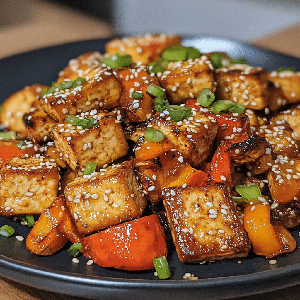 Four-panel collage showing how to make crispy baked tofu, from pressing to serving