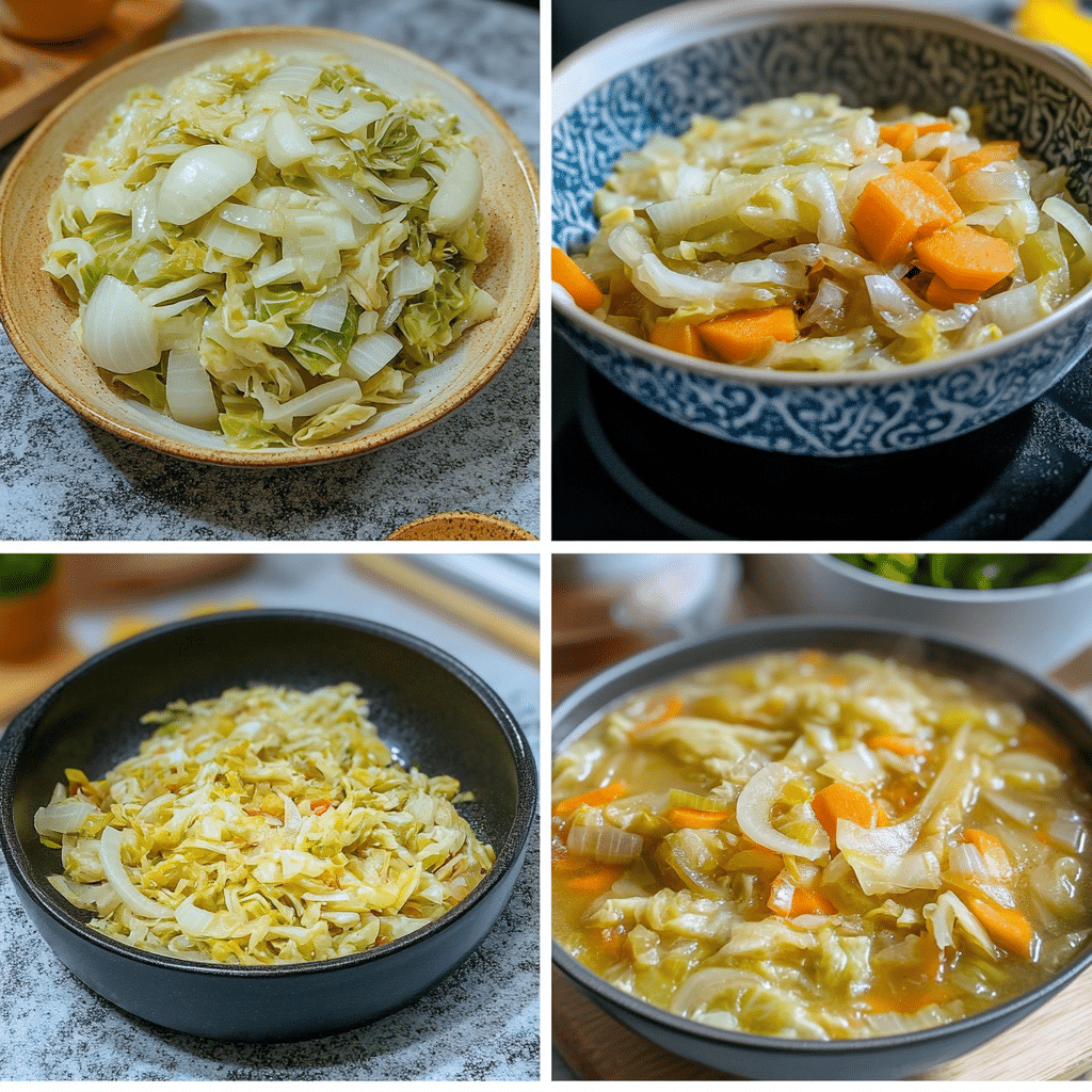 Four-panel collage showing steps to make detox cabbage soup, from sautéing onions to serving