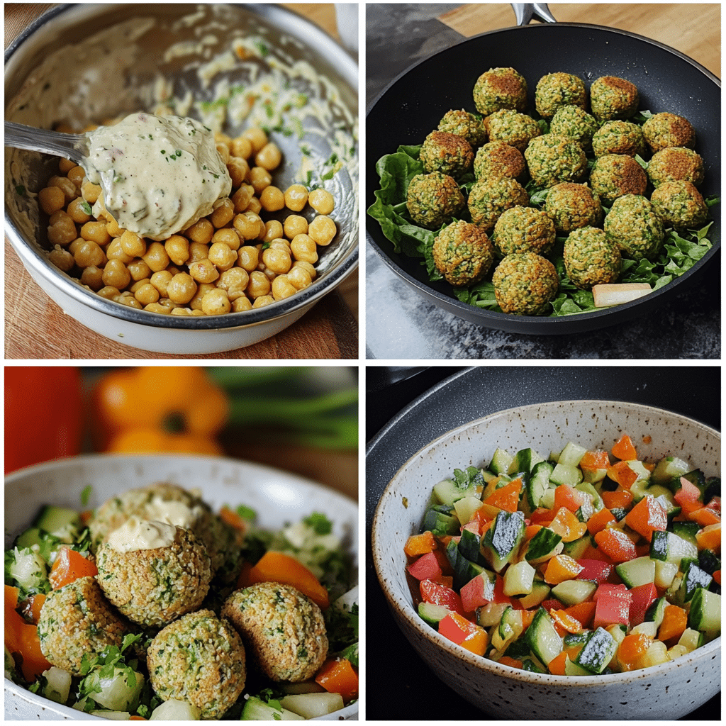 Four-panel collage showing the process of making falafel salad bowls from mixing falafel to assembling the salad