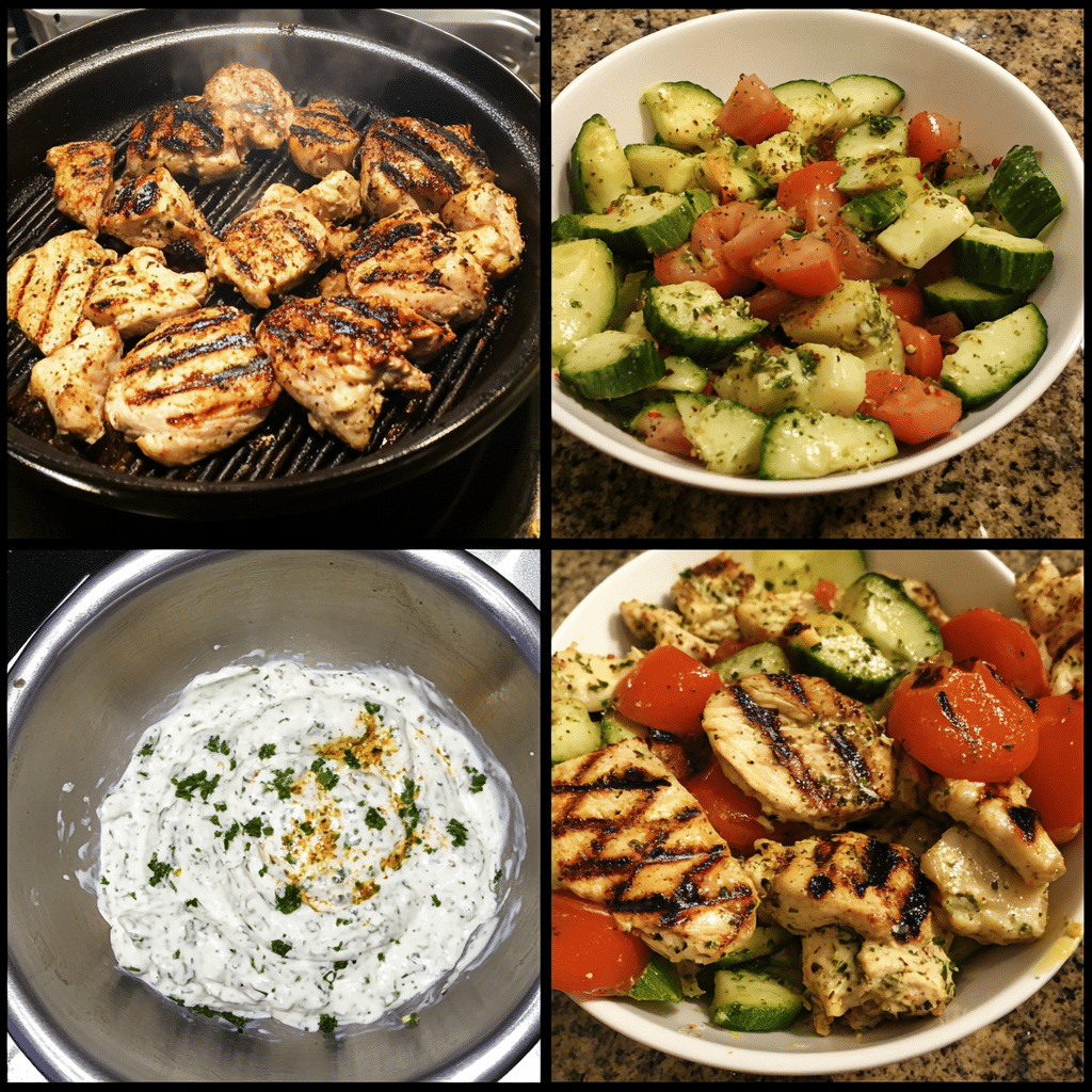 Four-panel collage showing steps to make Greek chicken bowls, from grilling chicken to serving