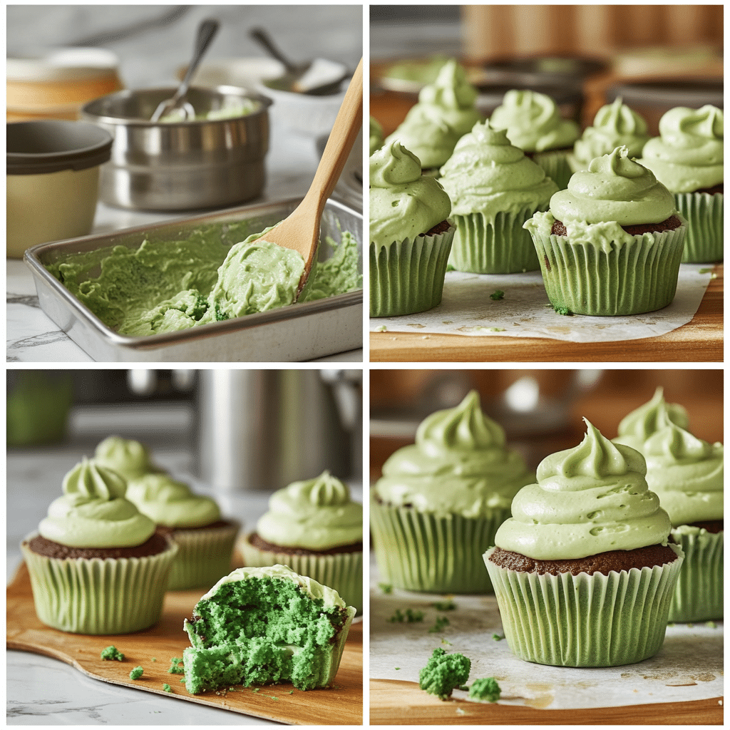 Four-panel collage showing steps to make green velvet cupcakes, from mixing to frosting