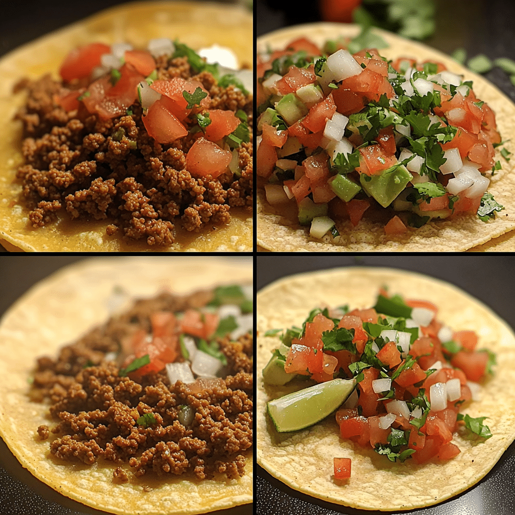 Four-panel collage showing steps to make ground beef tacos, from cooking beef to serving