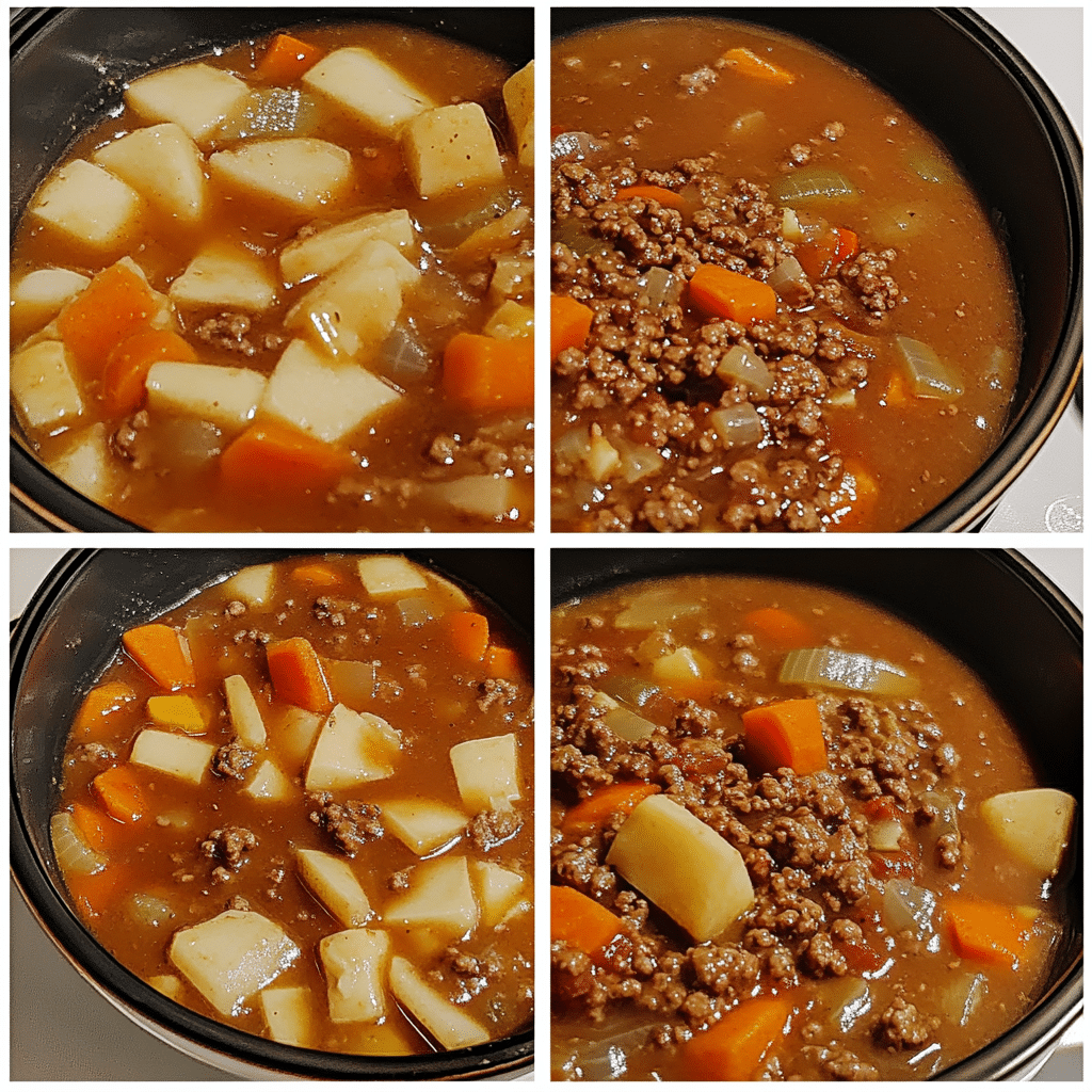 Four-panel collage showing steps to make hamburger soup, from browning beef to serving