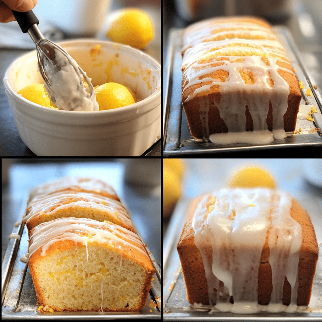 Four-panel collage showing steps to make iced lemon loaf, from batter to finished loaf