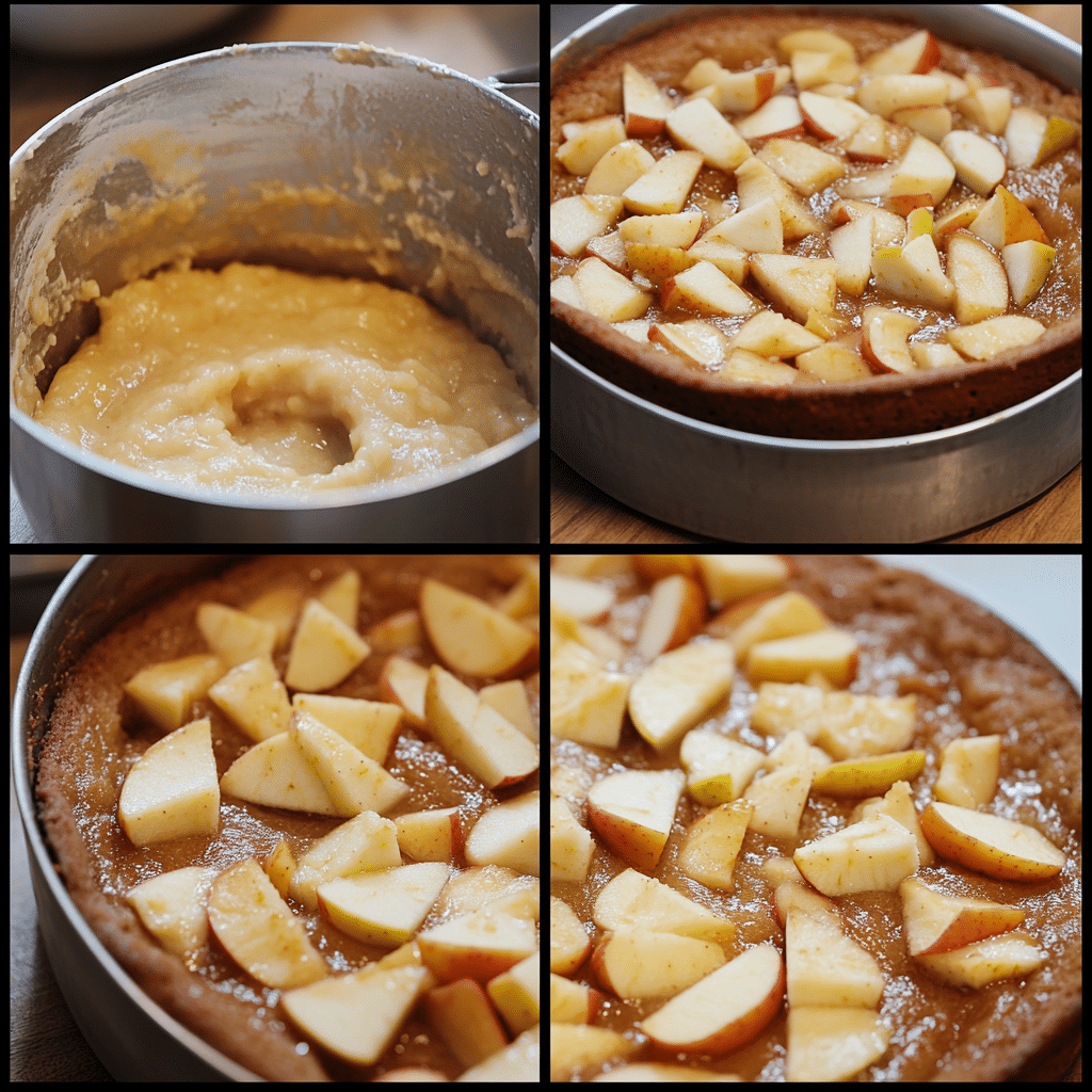 Four-panel collage showing steps to make Irish apple cake, from mixing to serving with sauce