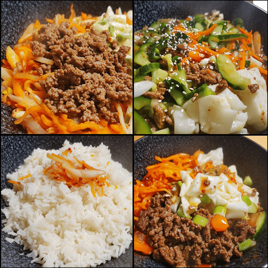 Four-panel collage showing steps to make Korean beef bowls, from cooking beef to serving