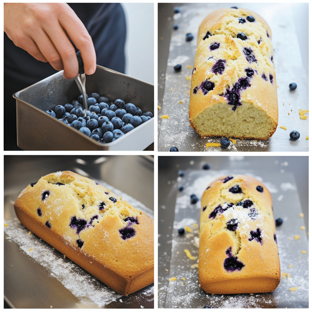 Four-panel collage showing steps to make lemon blueberry bread, from batter to finished bread