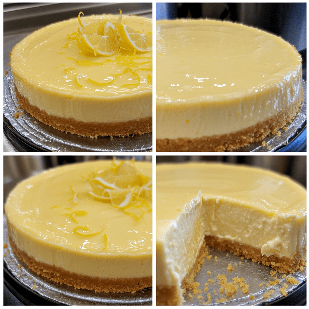 Four-panel collage showing steps to make lemon cheesecake, from crust to finished cheesecake