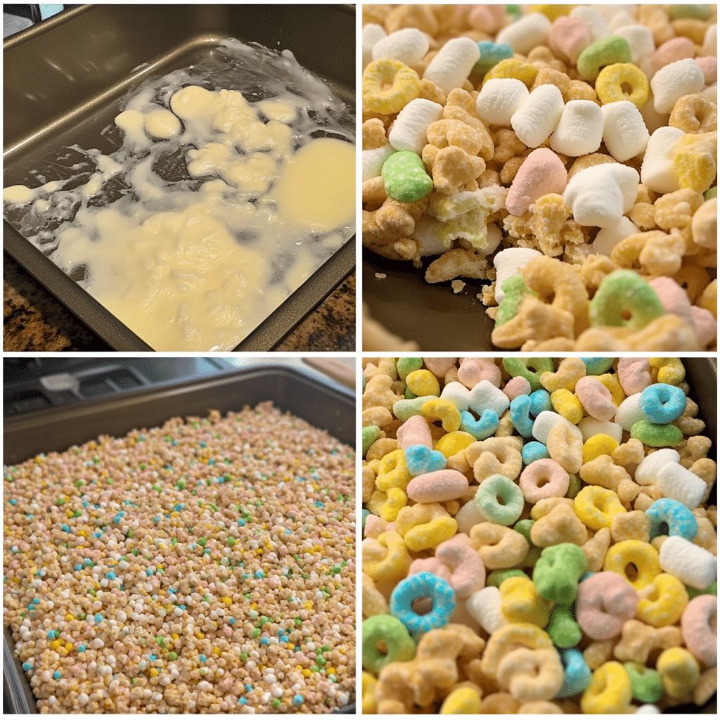 Four-panel collage showing steps to make Lucky Charms marshmallow treats, from melting marshmallows to pressing into a pan