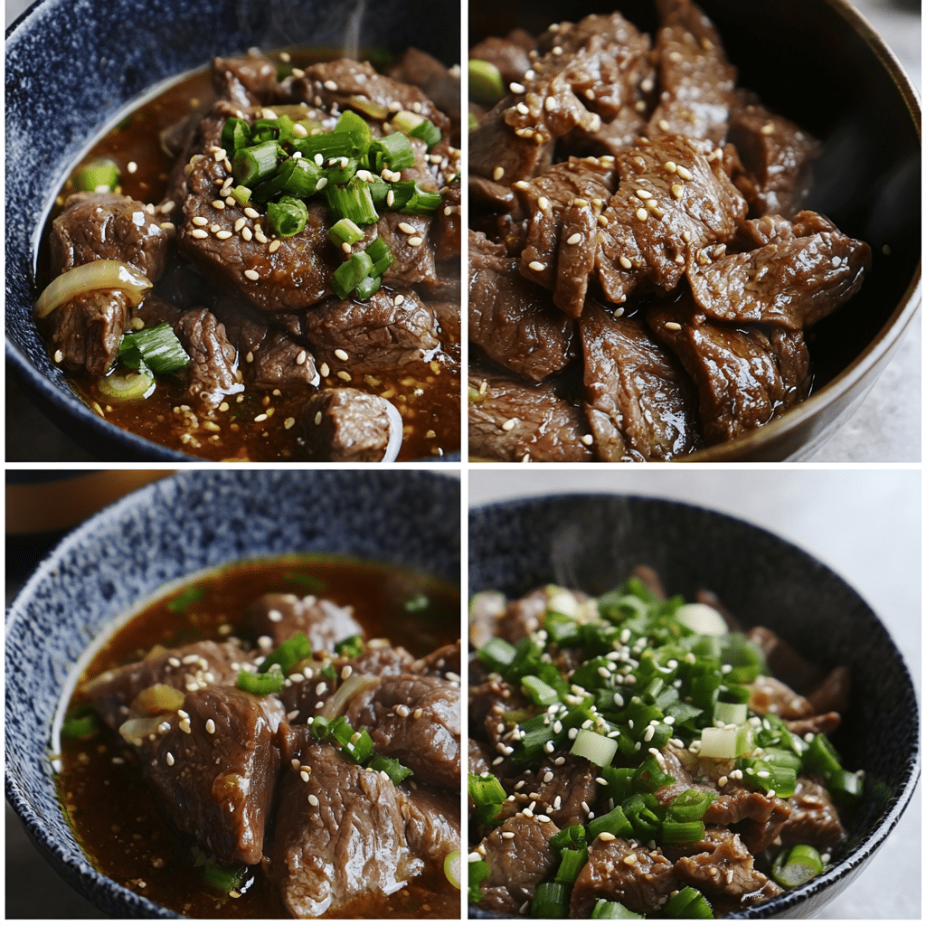 Four-panel collage showing steps for making Mongolian beef, from slicing beef to serving