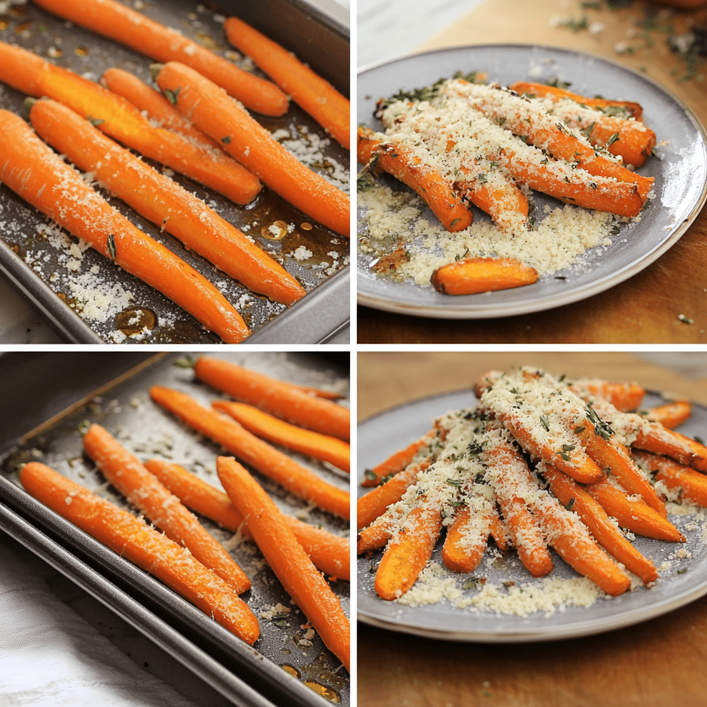 Four-panel collage showing steps to make parmesan roasted carrots