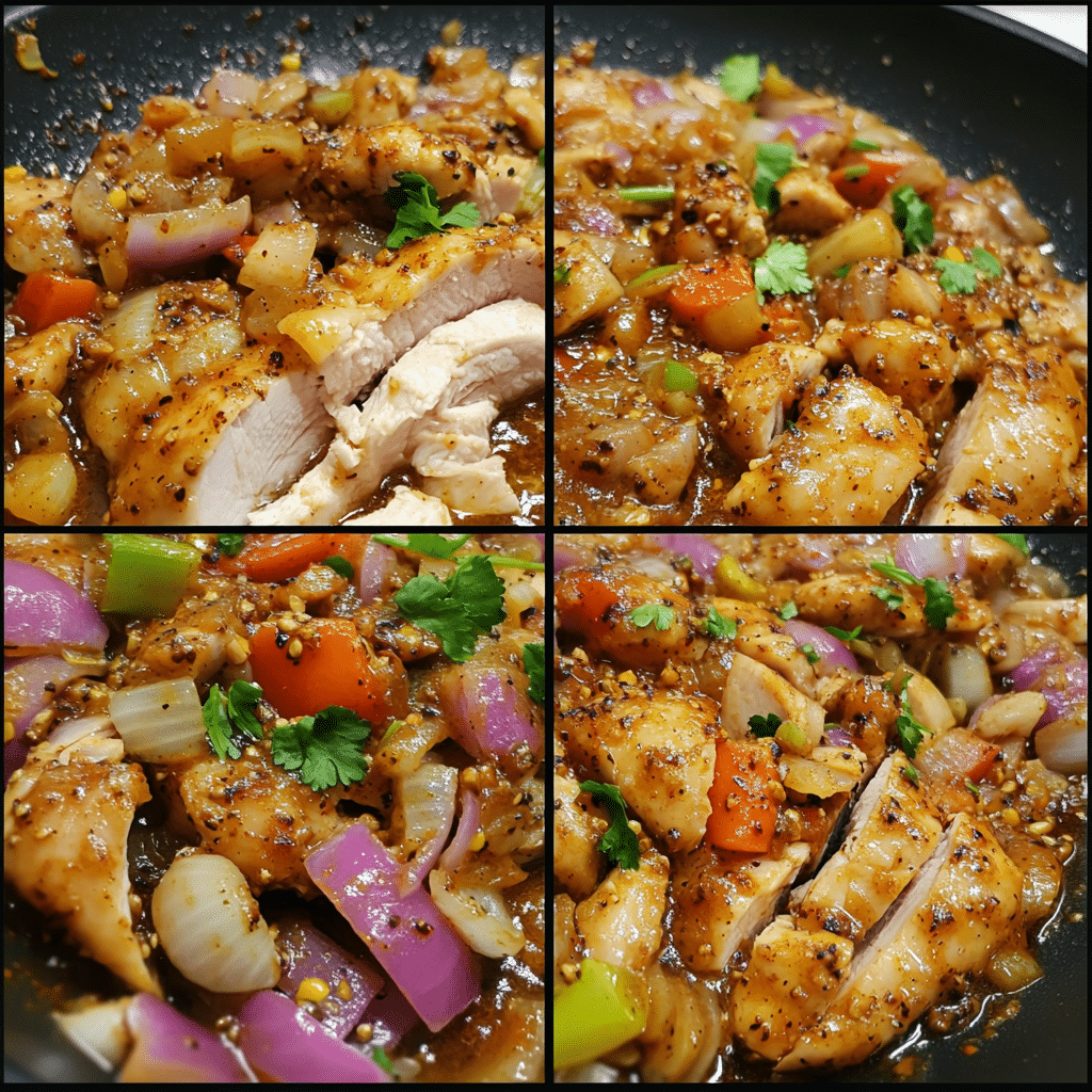 Four-panel collage showing steps for making pepper chicken, from slicing to serving