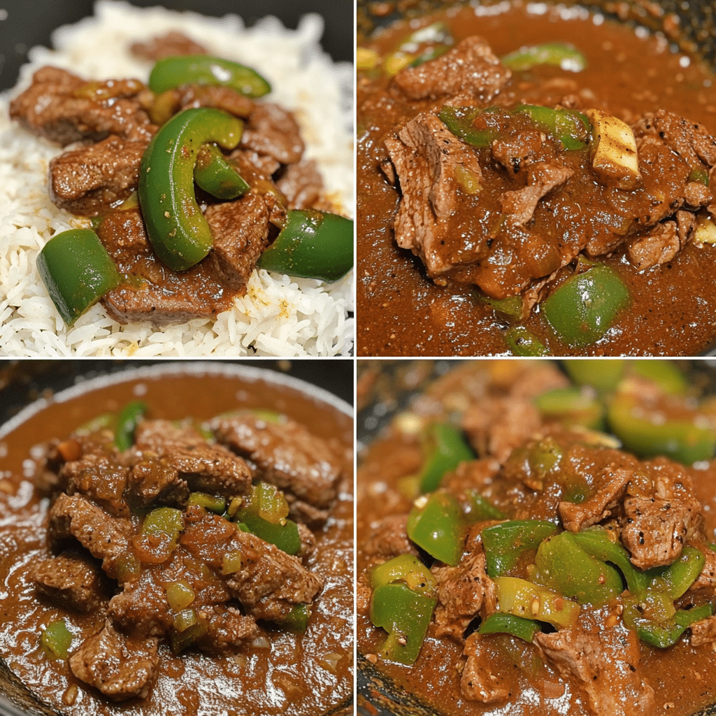 Four-panel collage showing steps to make pepper steak, from slicing beef to serving with rice
