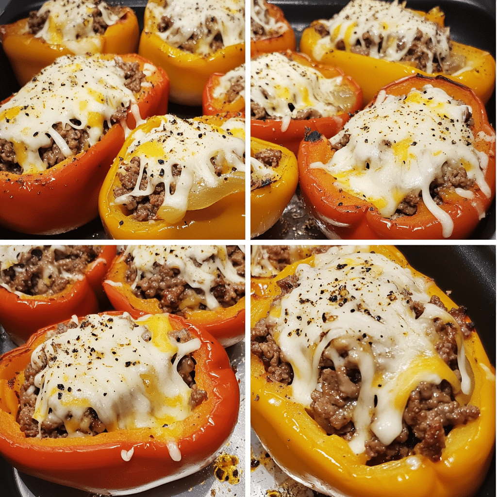 Four-panel collage showing steps to make Philly cheesesteak stuffed peppers, from cooking beef to baking