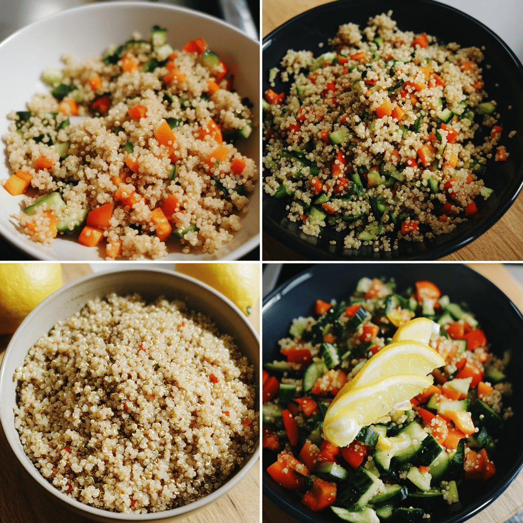 Four-panel collage showing steps to make quinoa salad, from cooking quinoa to assembling and serving